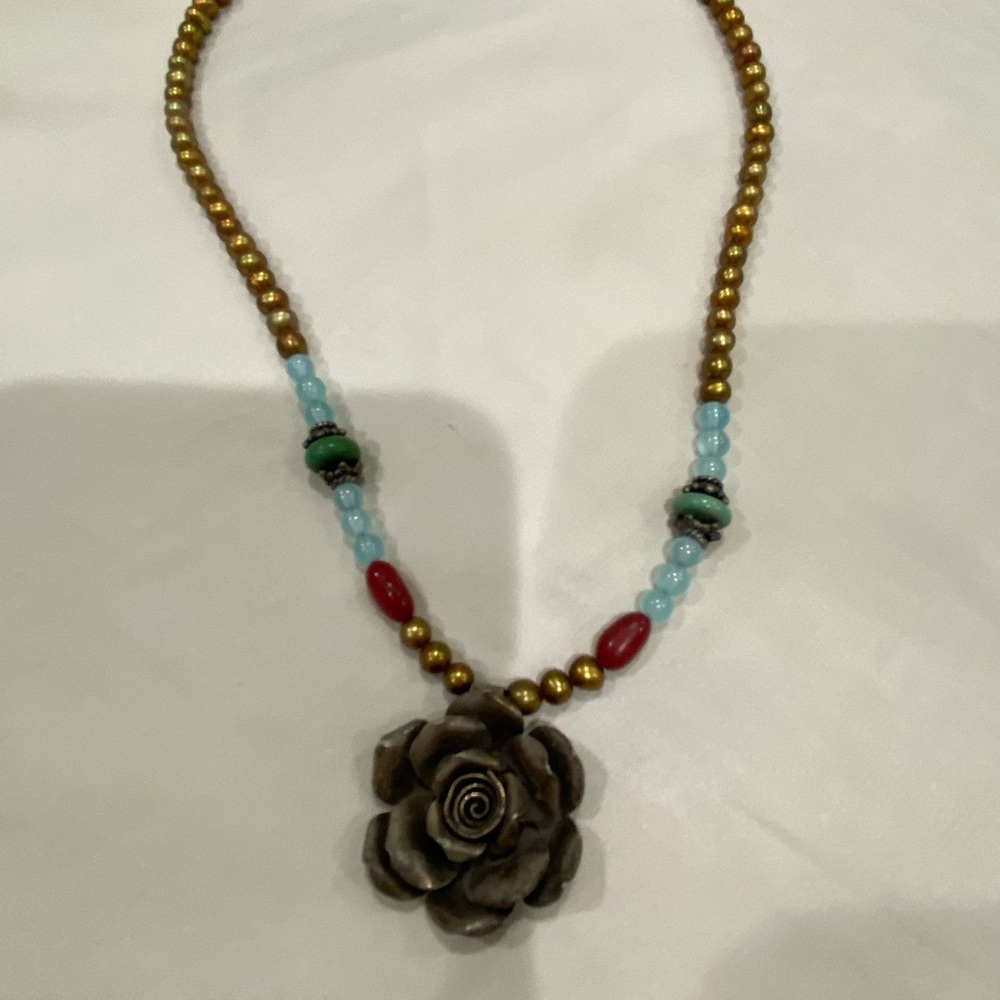 Gold and Red Beaded Necklace with Rose Pendant